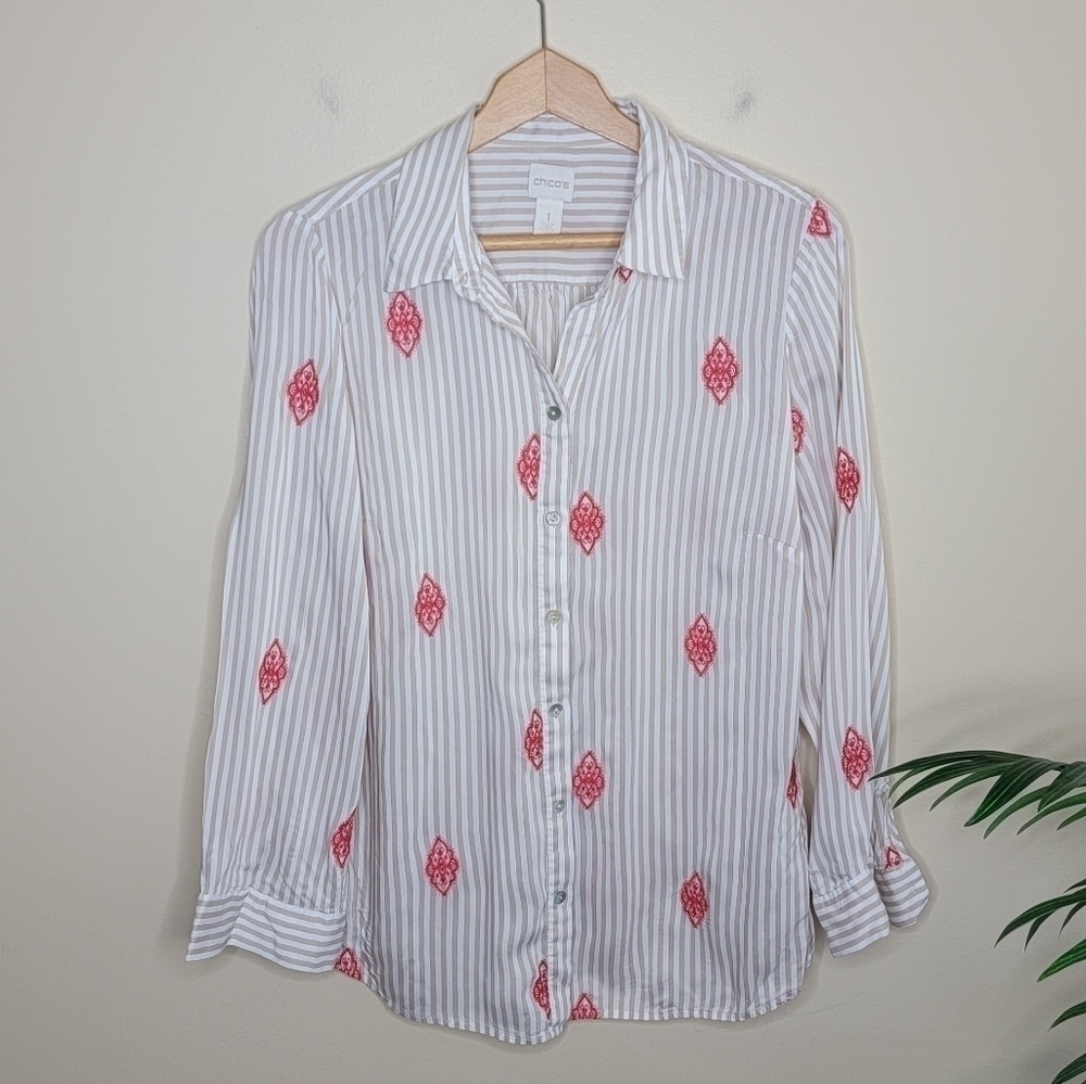Chico's Tan White Striped Button Down Shirt with Red Embroidery